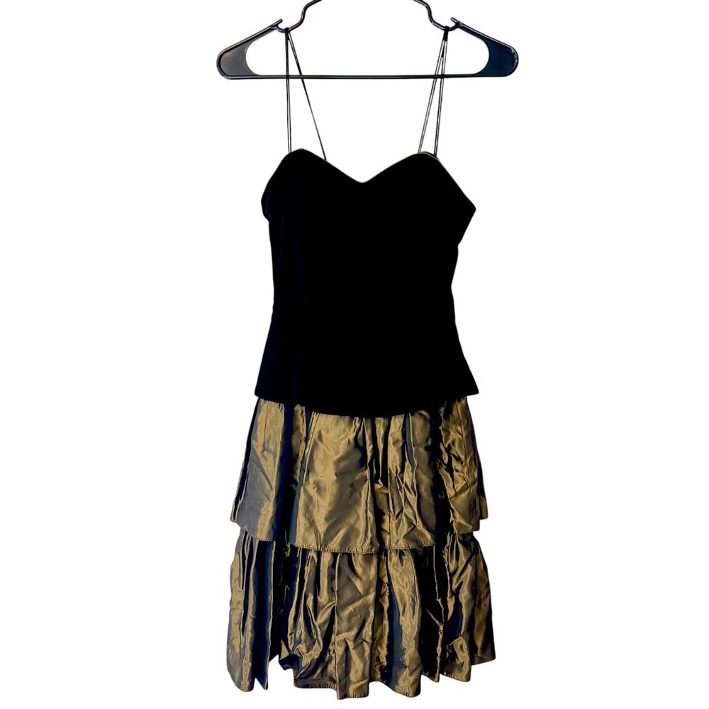 Laura Ashley 0 Vintage 80’s Black Velvet Metallic Gold Tiered Drop Waist Dress